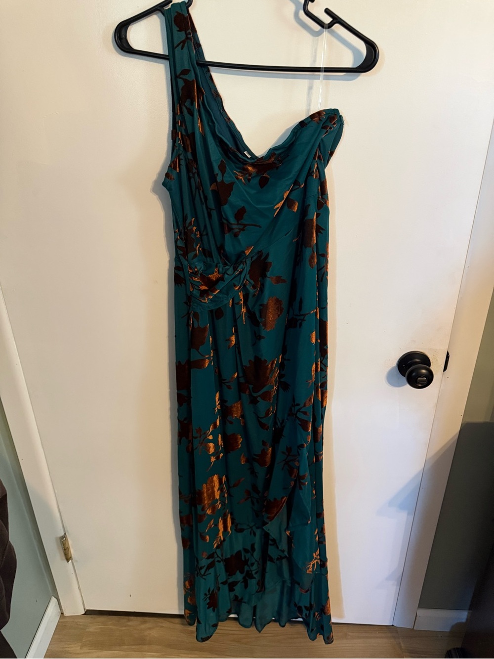 Teal Floral One-Shoulder Maxi Dress with Metallic Accents